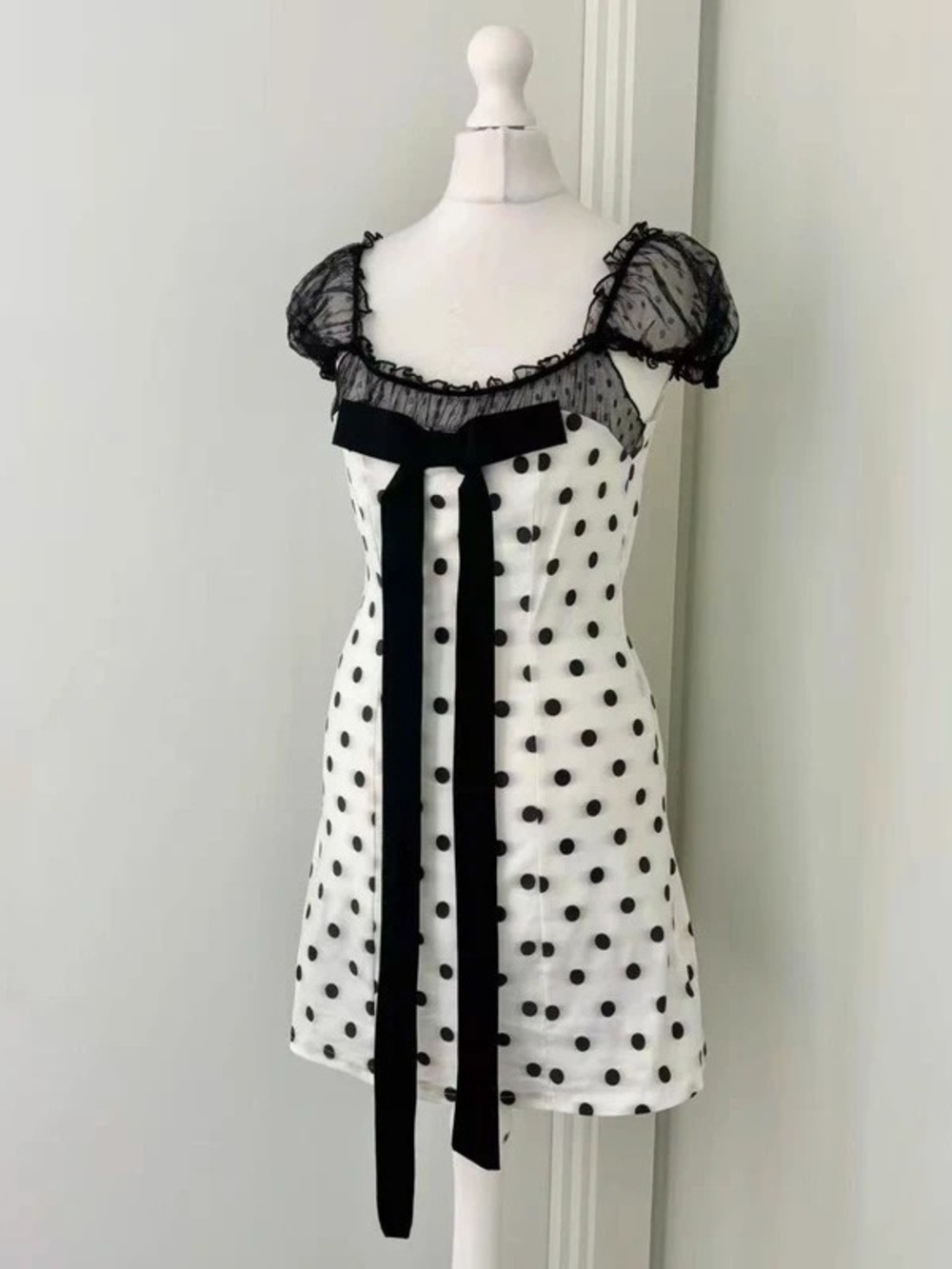 Black & White Polka Dot Maxi Dress with Sheer Puff Sleeves and Ribbon